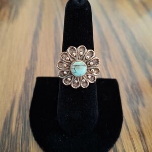 Ring Turquoise Flower Set In Copper Frame And Band Size 6.5